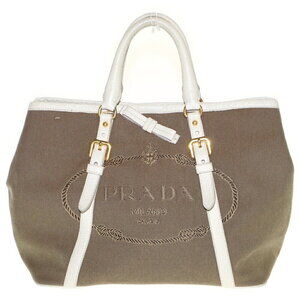 PRADA handbag shoulder bag tote white brown leather canvas